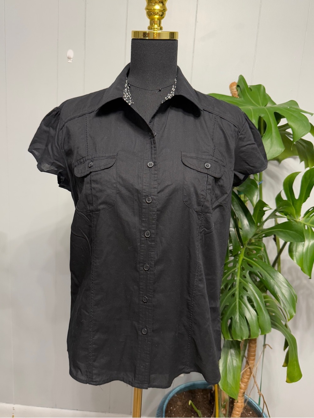 #17)  Classic Black Cotton Button-Up Short Sleeve Shirt